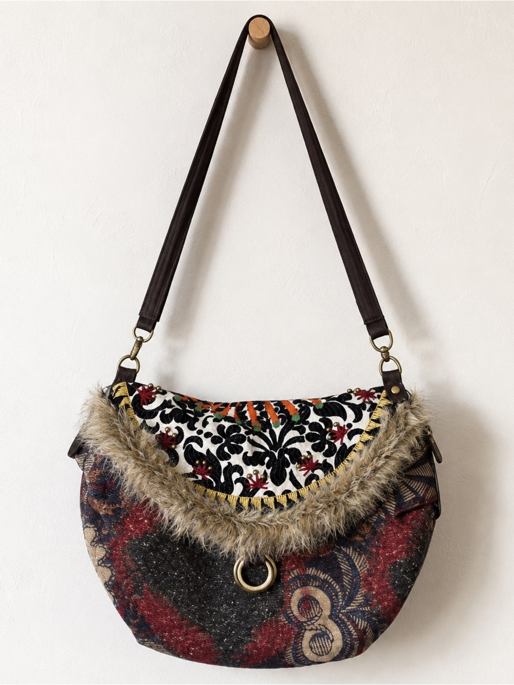 Desigual Bols Tortuga Embroidered Tapestry Shoulder Bag Crossbody Faux fur